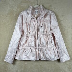 Chicos Lightweight Ruffle Drawstring Jacket Pink Size 2 Stylish Outerwear Chic